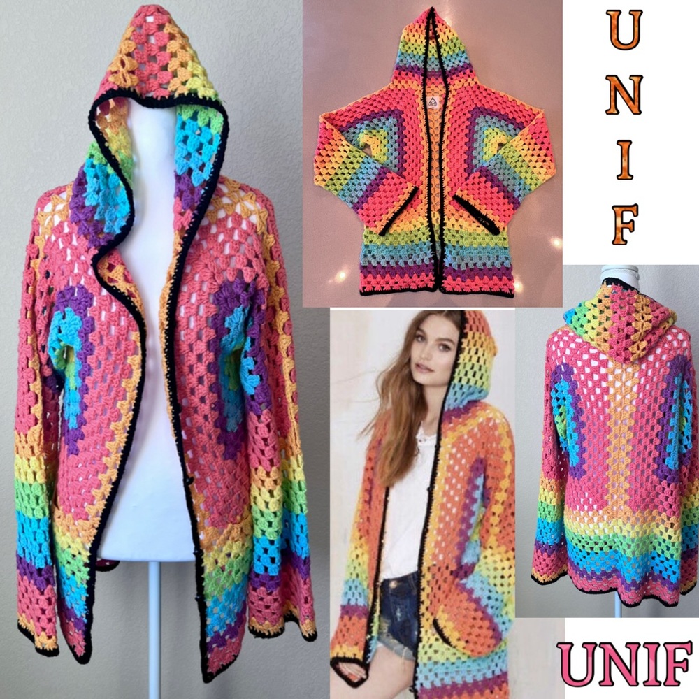 UNIF Rainbow Crochet Hooded Cardigan